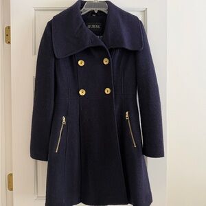 GUESS Women's Dark Blue Pea Coat with Gold Buttons
